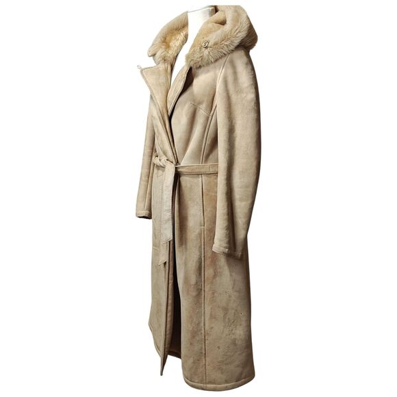 Leder Fischer Shearling Coat Womens Small Tan Suede Hooded Fur Trim Belted Long - Picture 3 of 16